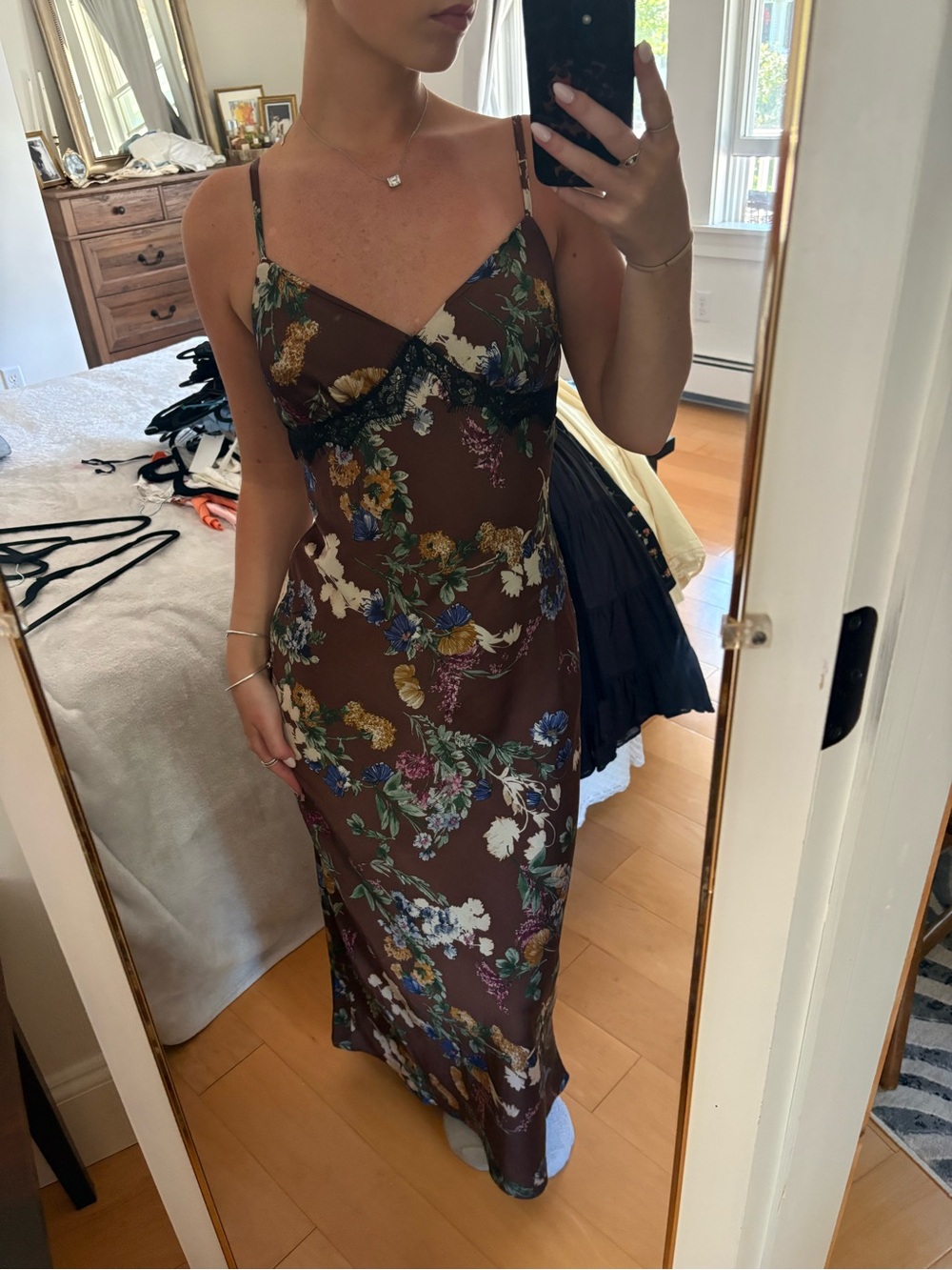 LG Brown Floral Maxi Slip Dress with Green & Blue Accents
